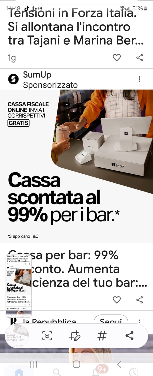 Pubblicità SumUp — "Cassa Fiscale Online" con invio corrispettivi gratis